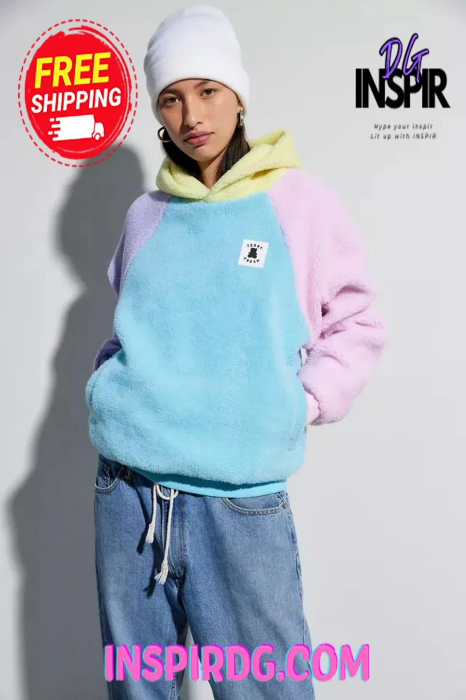 -Urban Outfitters Teddy Fresh Colorblock Fleece Hoodie Sweatshirt