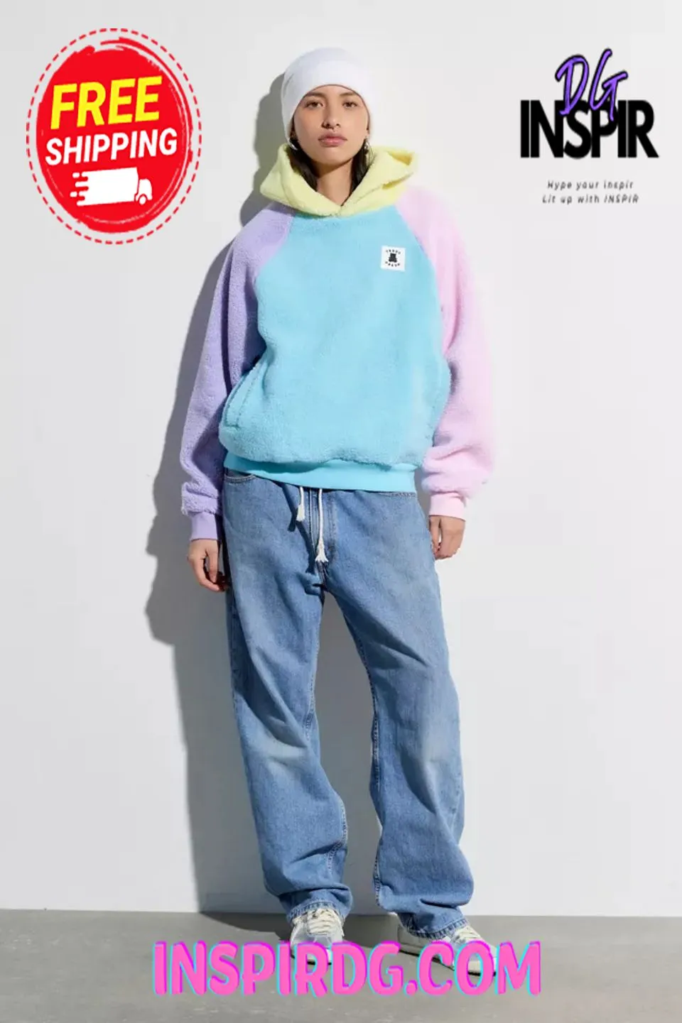 -Urban Outfitters Teddy Fresh Colorblock Fleece Hoodie Sweatshirt