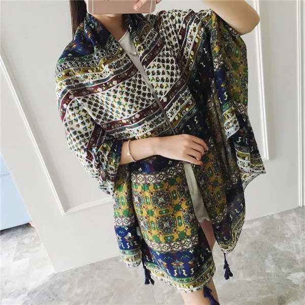 180*100cm Women Scarf Totem Triabl national style Scarf Tassel Painted Soft Cotton Long Wraps Shawls Scarves