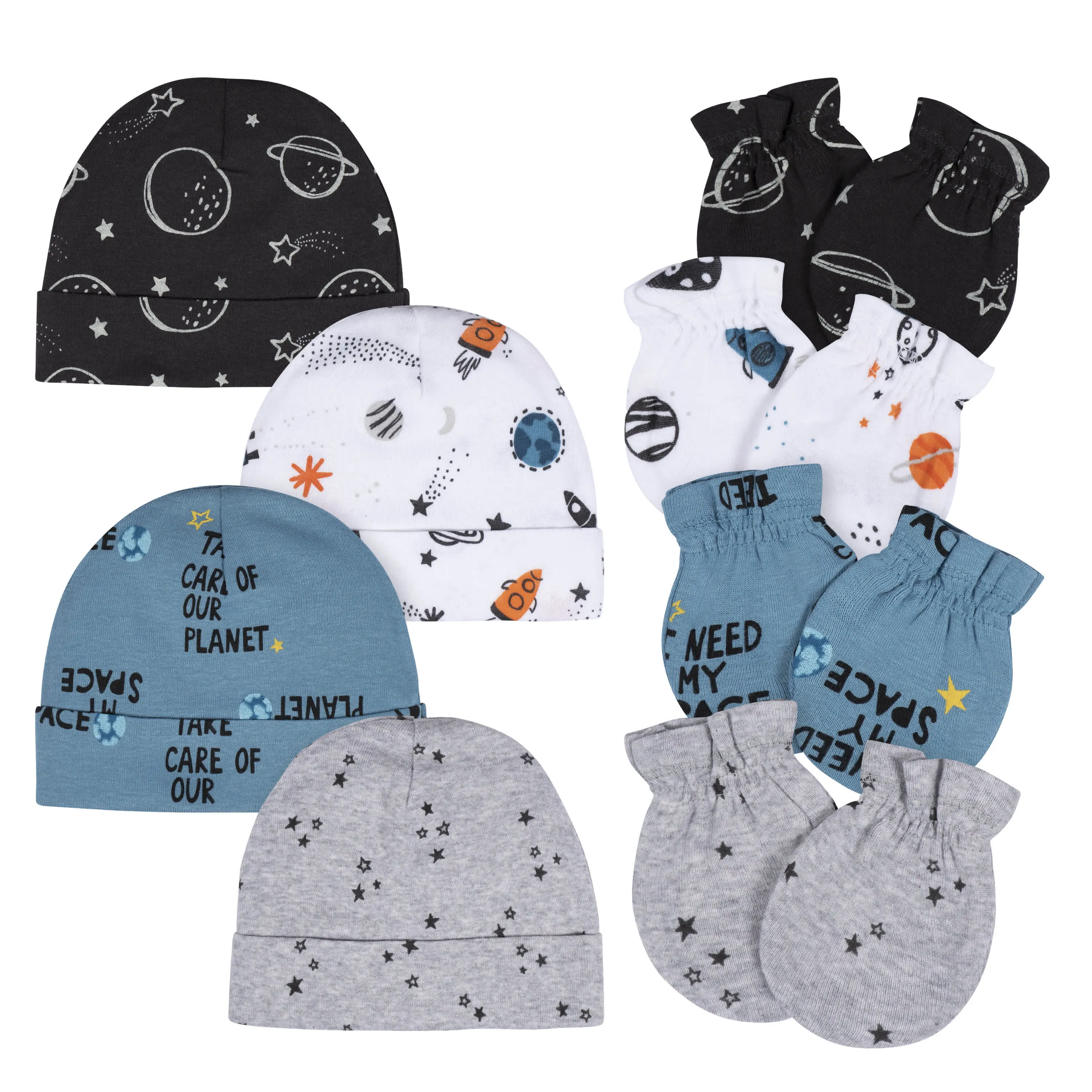 8-Piece Baby Boys Space Explorer No Scratch Mittens & Caps Set