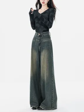 ABWEAR Original 2024 New Early Spring Dark Blue Wide Leg Jeans Women's Loose Straight Slim Floor-Mopping Pants