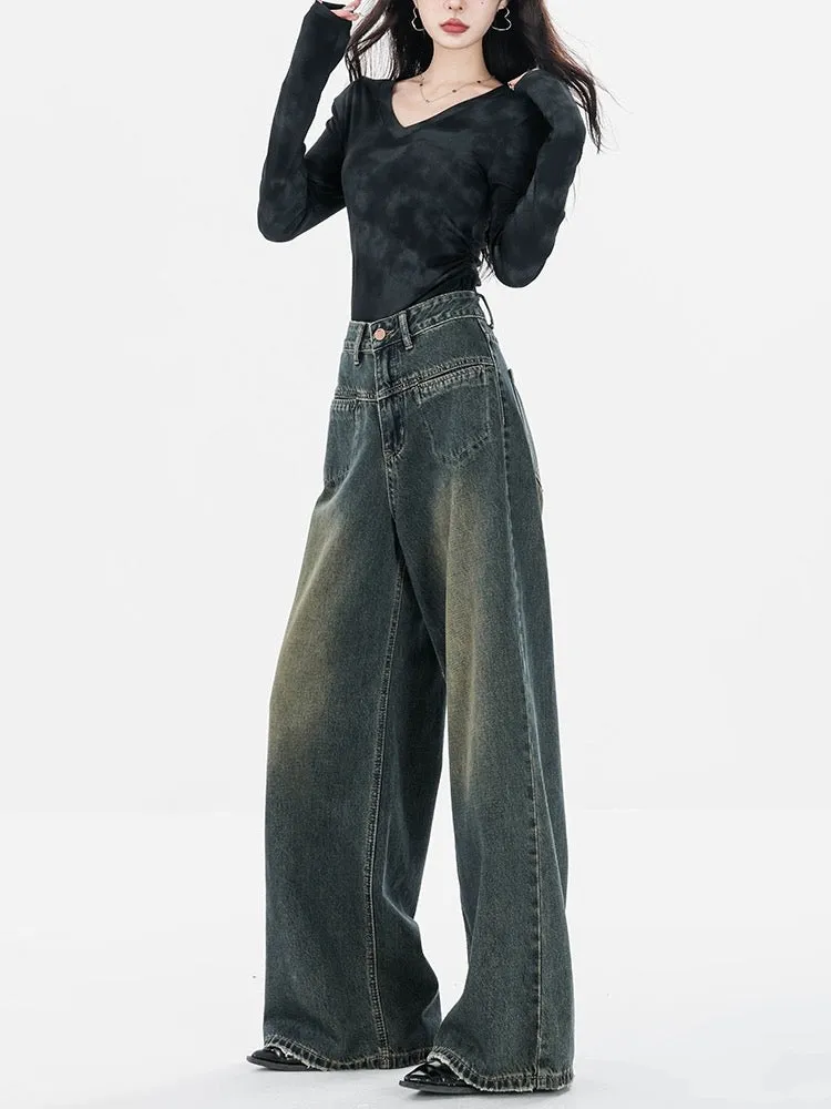 ABWEAR Original 2024 New Early Spring Dark Blue Wide Leg Jeans Women's Loose Straight Slim Floor-Mopping Pants