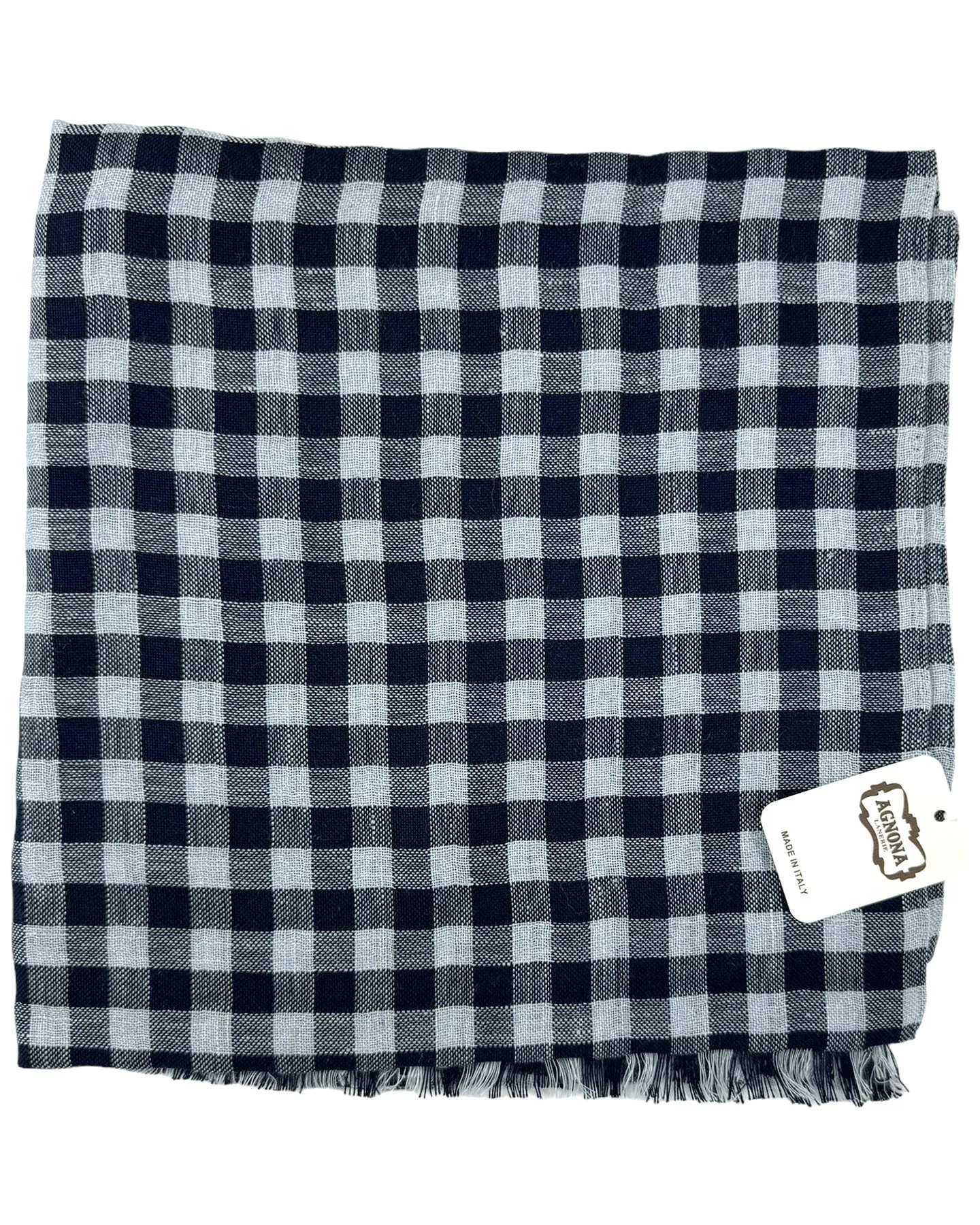 Agnona Scarf Midnight Blue Gray Check - Luxury Silk Linen Shawl