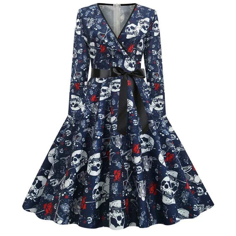 Autgumn Winter Cosplay Halloween Holiday Party Swing Elegant Vintage Pinup Casual V Neck Sundress Floral Print 50s Dresses