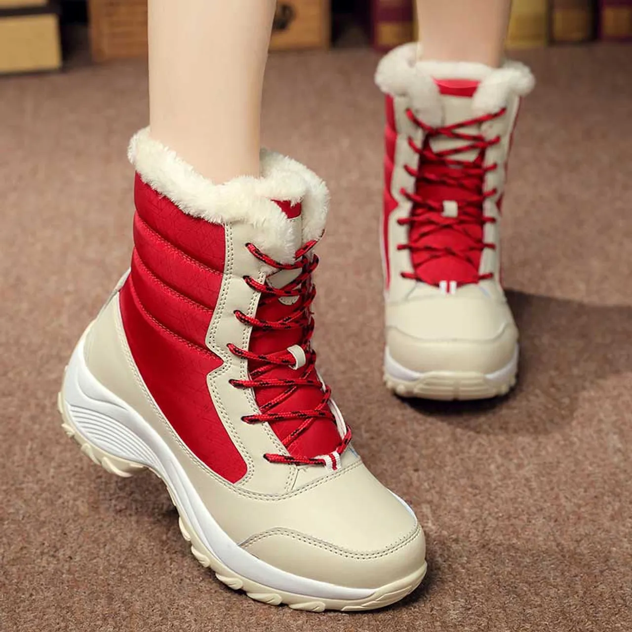 Beige red casual winter double rocker bottom shoe boot