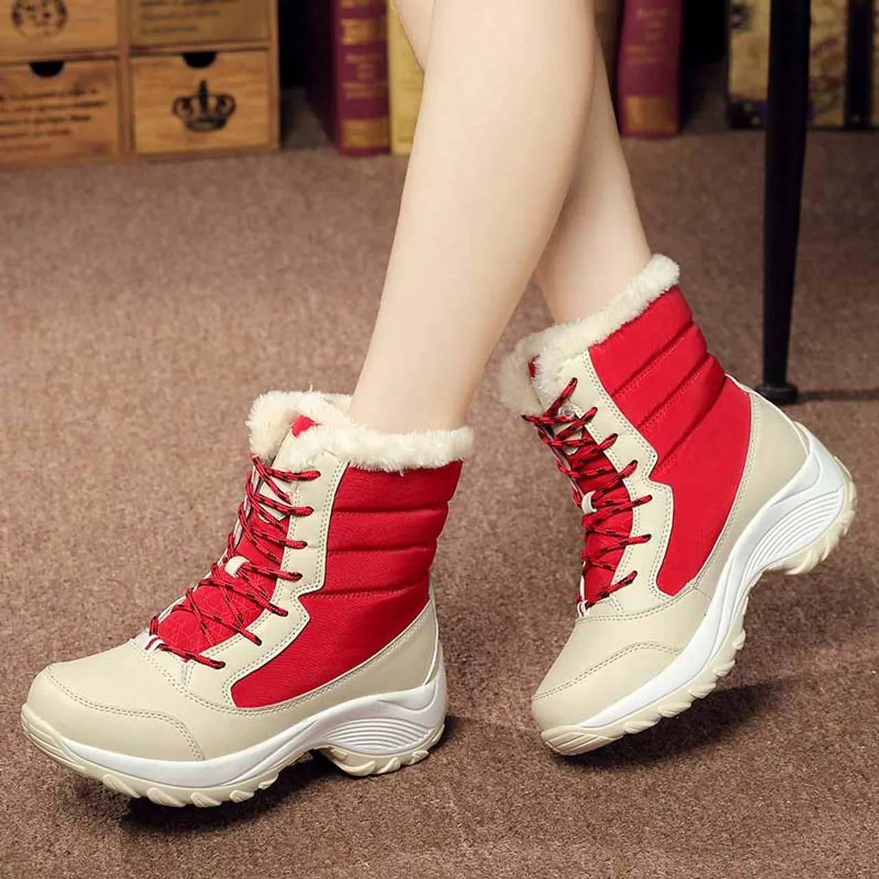 Beige red casual winter double rocker bottom shoe boot