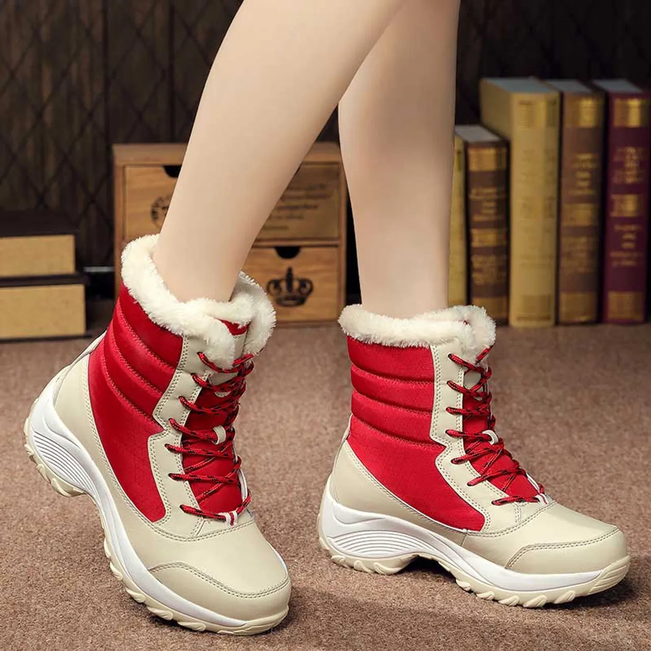 Beige red casual winter double rocker bottom shoe boot