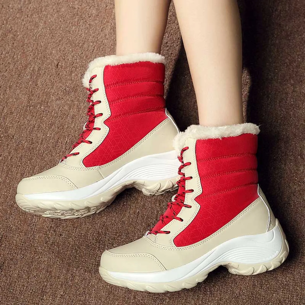 Beige red casual winter double rocker bottom shoe boot