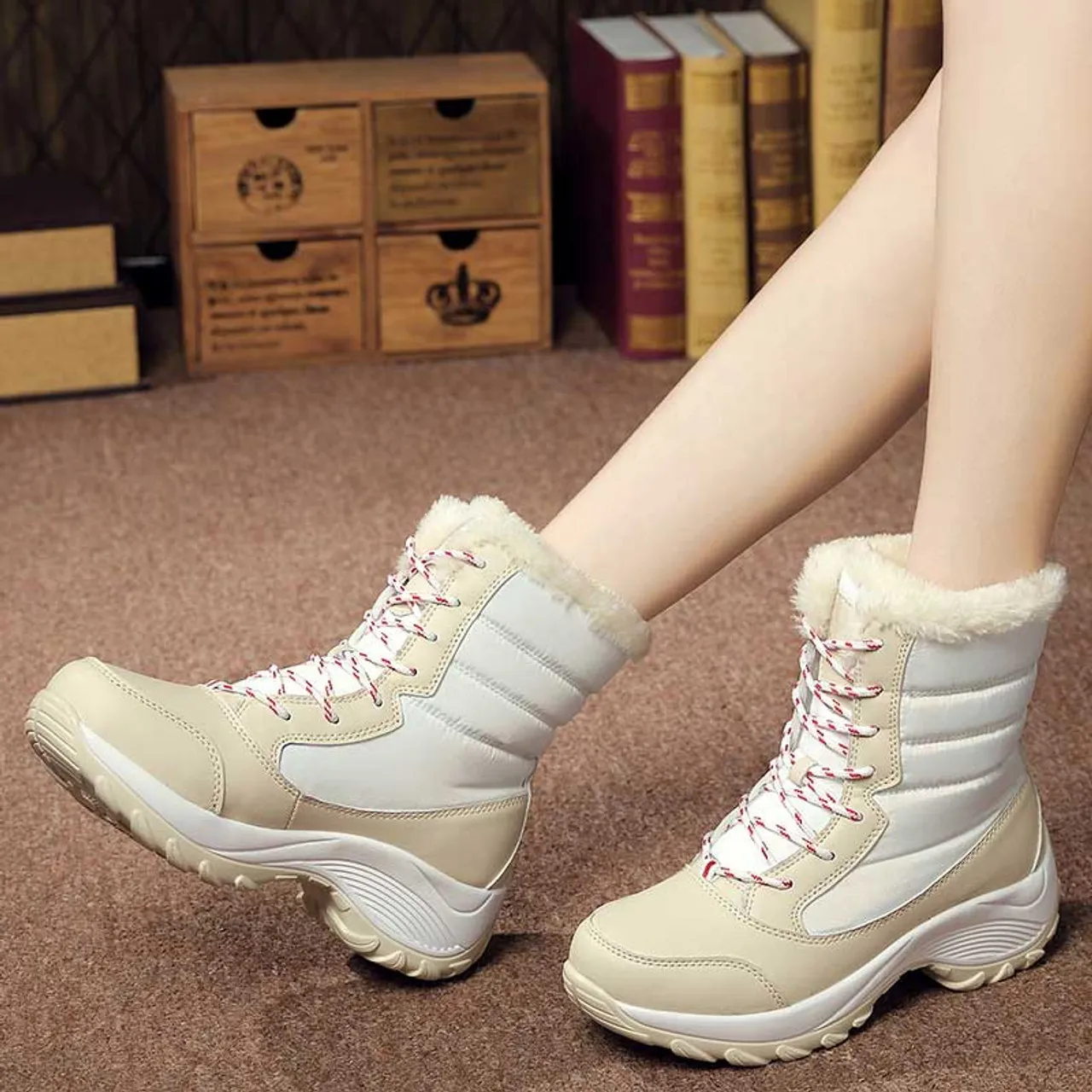 Beige white casual winter double rocker bottom shoe boot