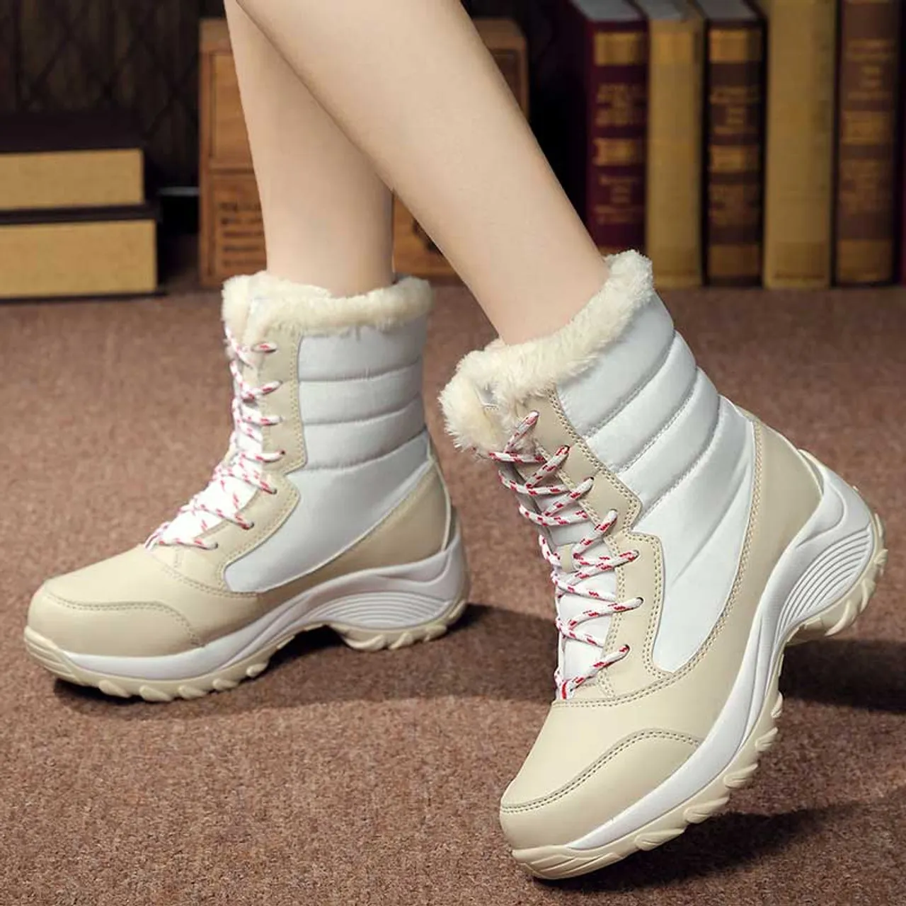 Beige white casual winter double rocker bottom shoe boot