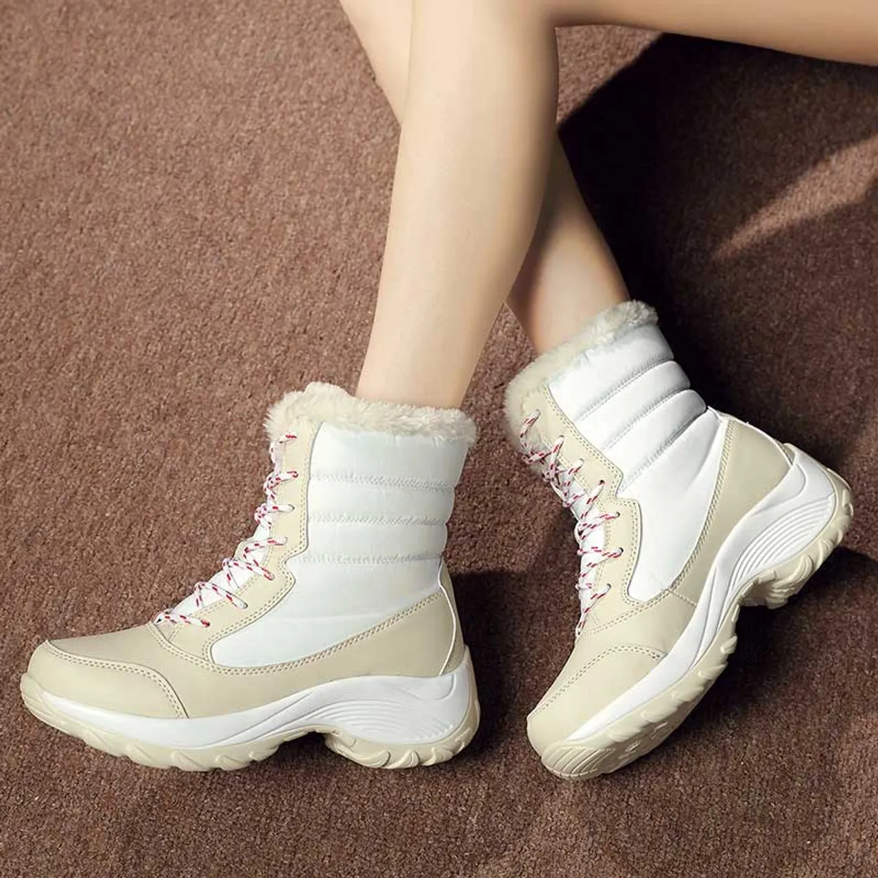 Beige white casual winter double rocker bottom shoe boot