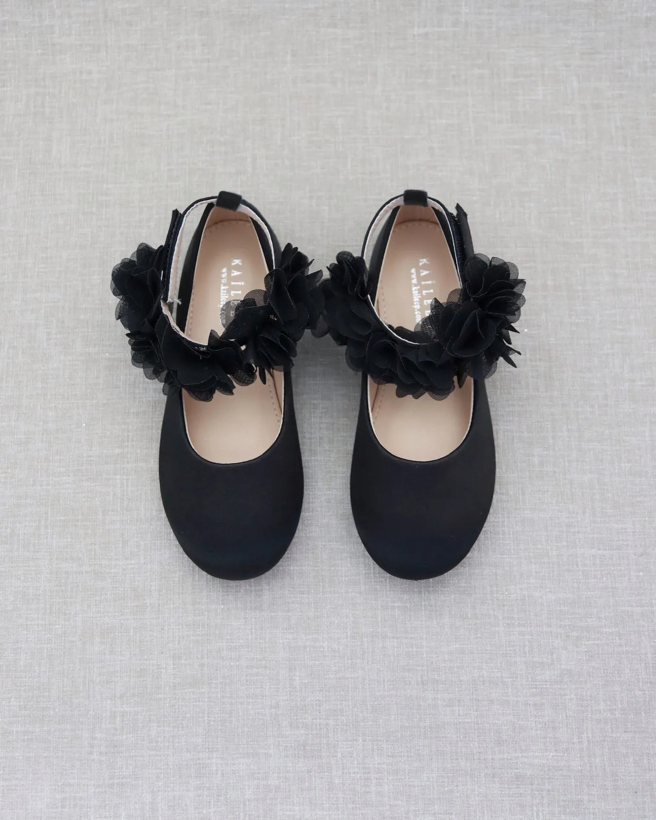 Black Satin Flats with Chiffon Flowers Ankle Strap