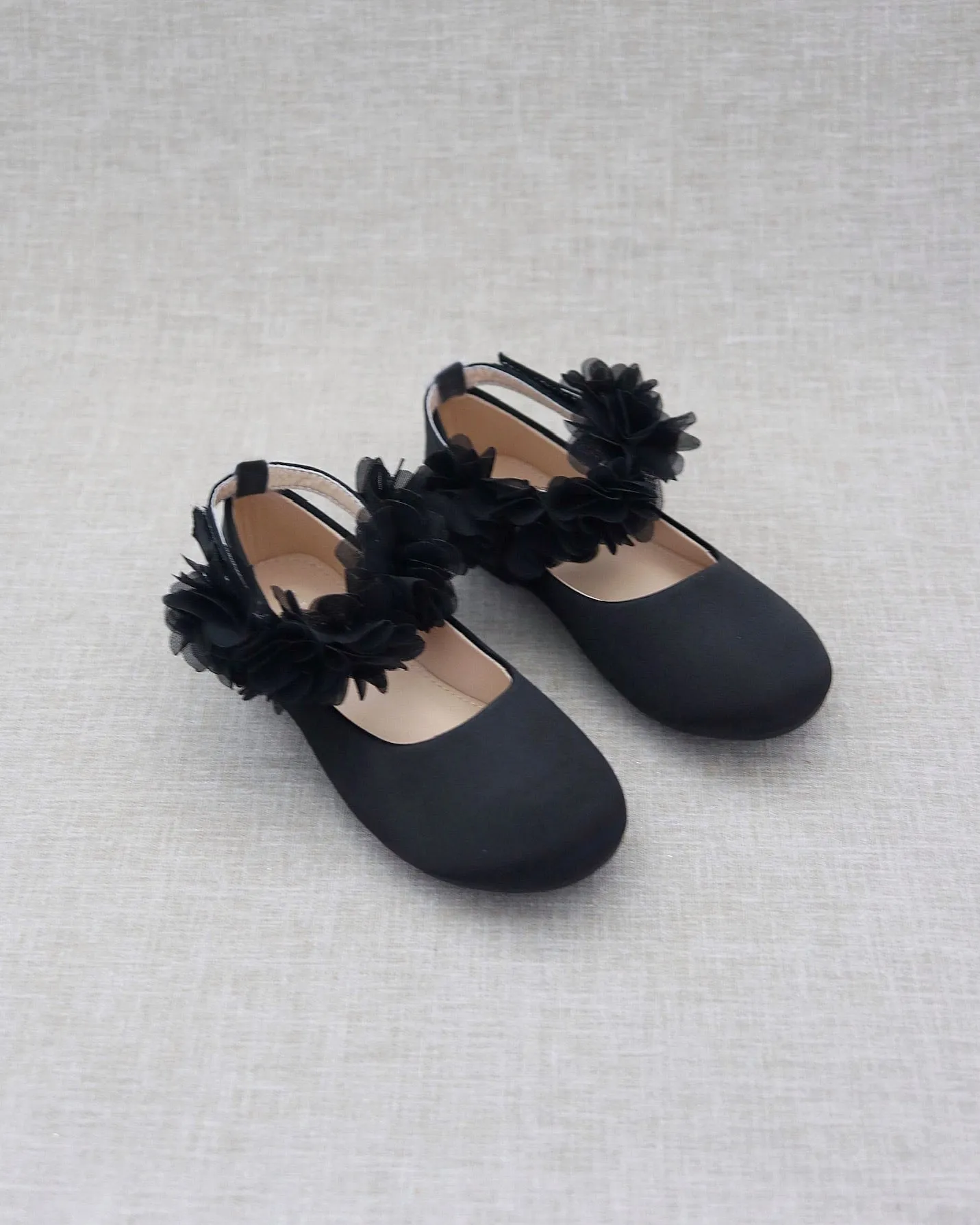 Black Satin Flats with Chiffon Flowers Ankle Strap