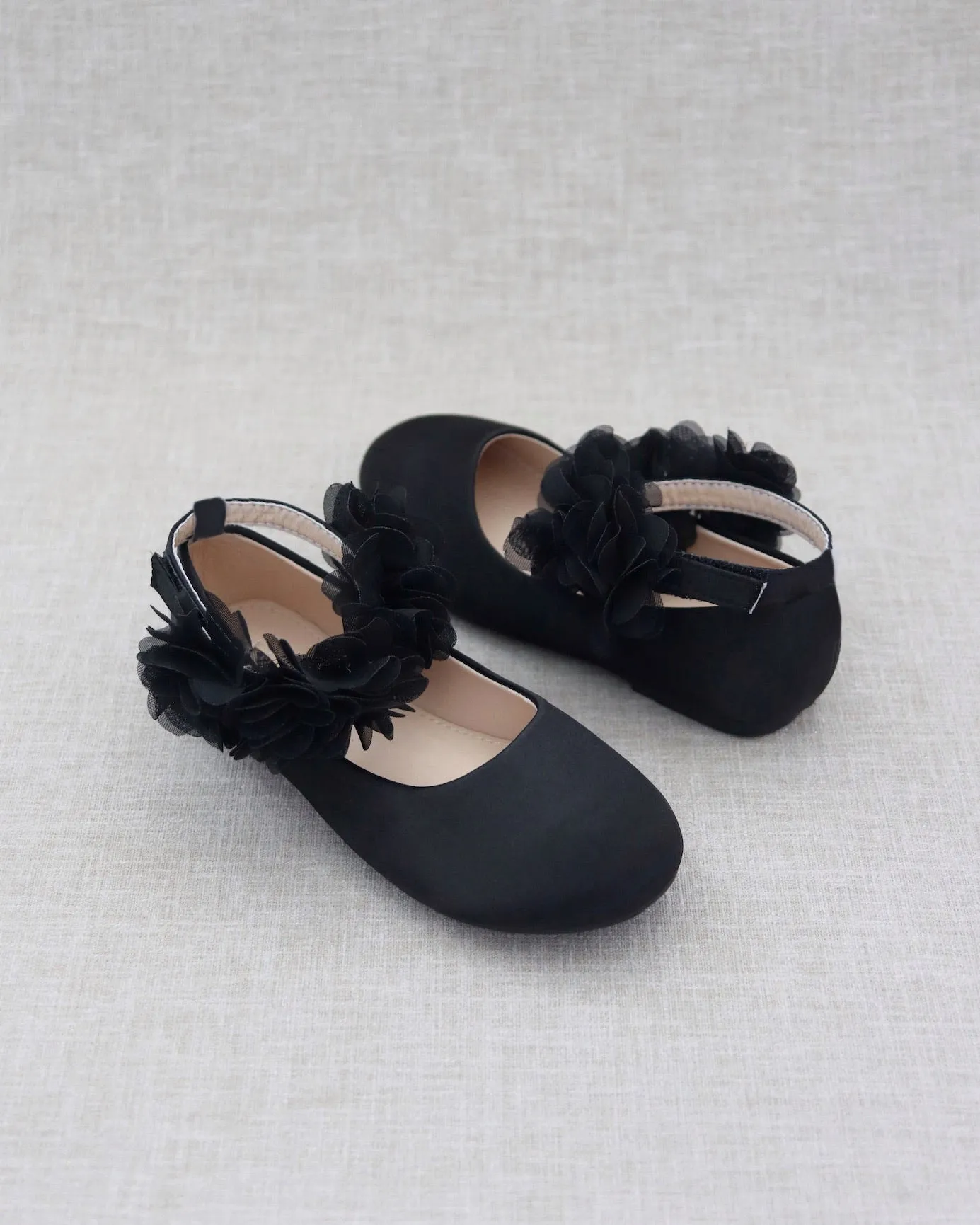 Black Satin Flats with Chiffon Flowers Ankle Strap