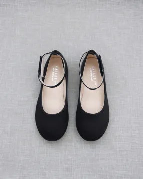 Black Satin Flats with Velcro Ankle Strap