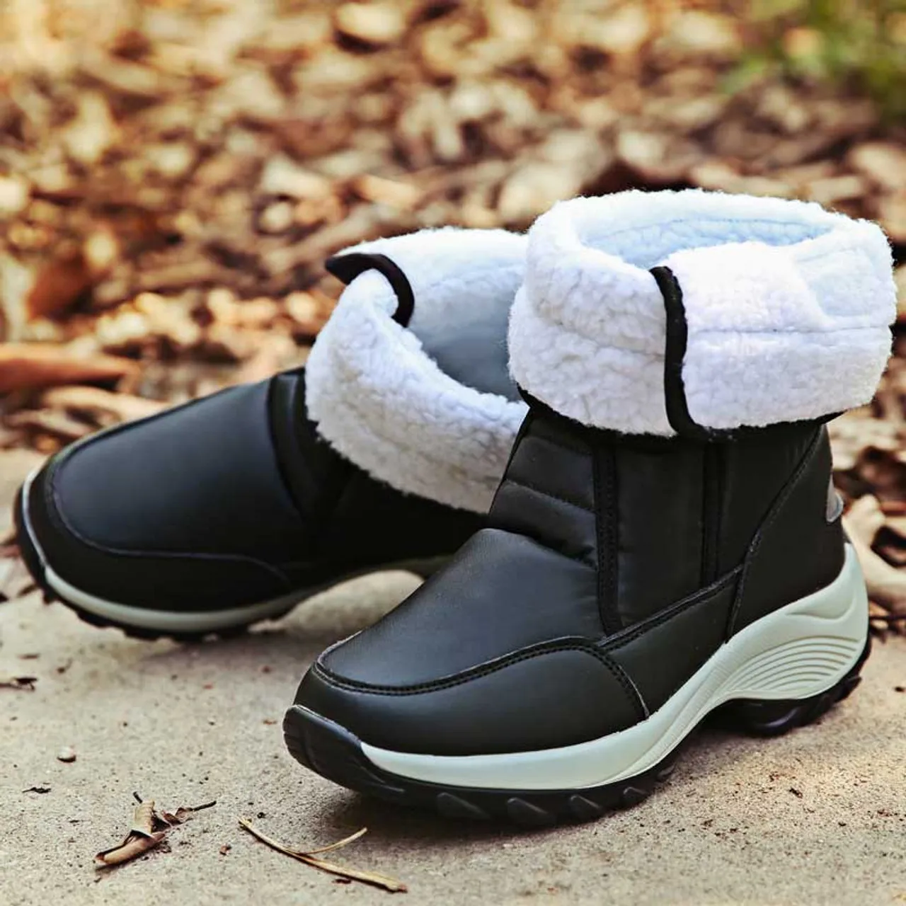 Black winter velcro slip on double rocker bottom shoe boot