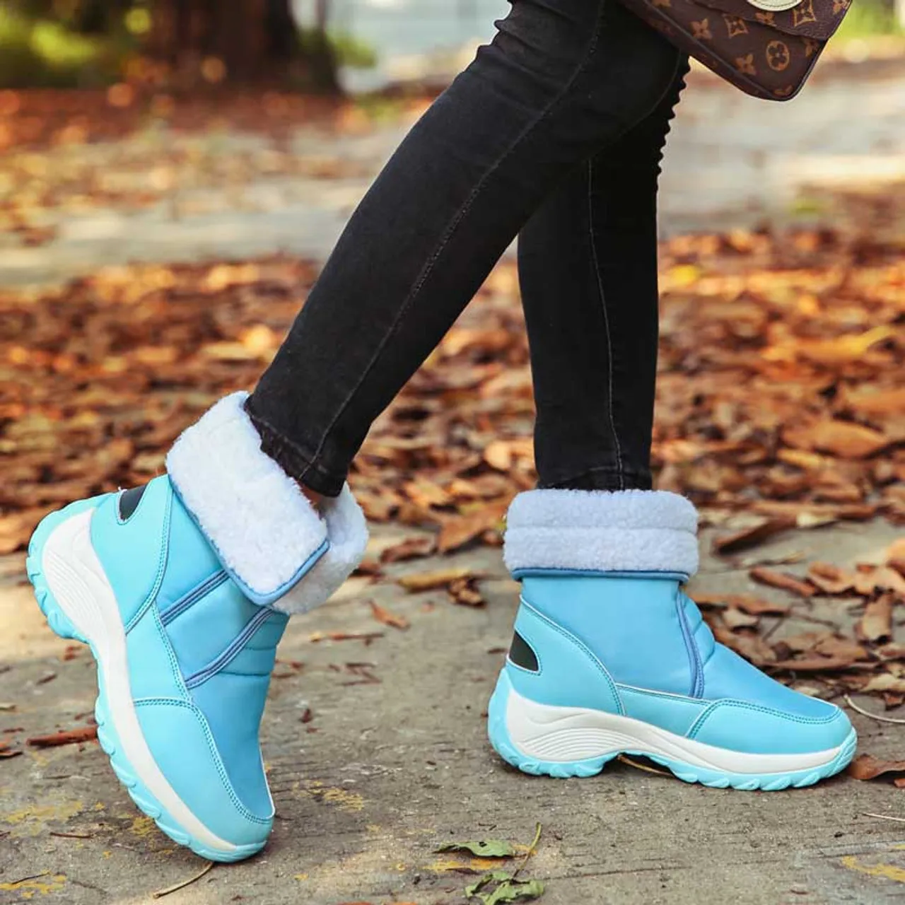 Blue winter velcro slip on double rocker bottom shoe boot