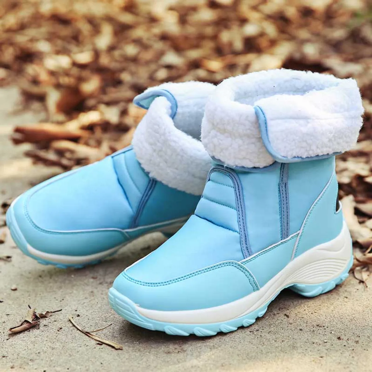 Blue winter velcro slip on double rocker bottom shoe boot