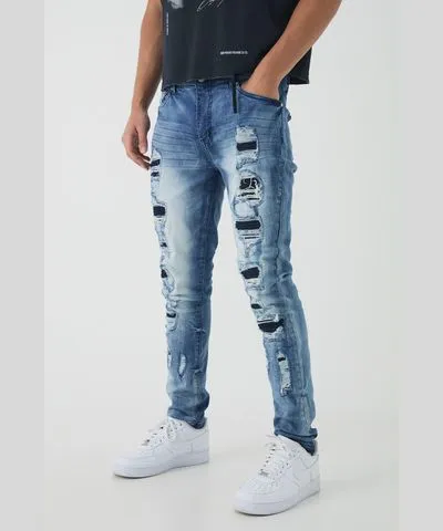 boohoo Mens Skinny Stretch Ripped Jeans