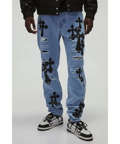 boohoo Mens Slim Stacked Studded Cross Applique Ripped Jeans