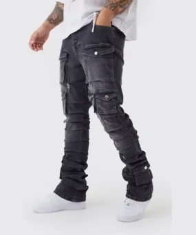 boohooMAN Mens Skinny Stacked Multi Cargo Pocket Flared Jeans