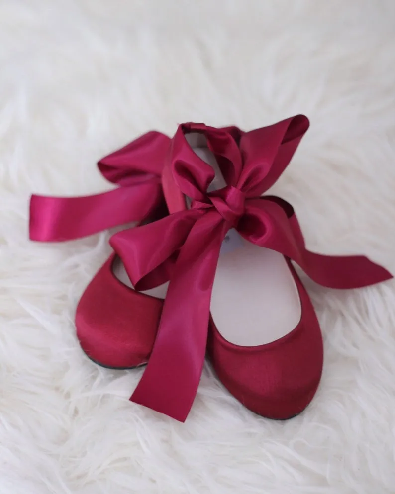 Burgundy Satin Ankle Tie or Ballerina Lace Up