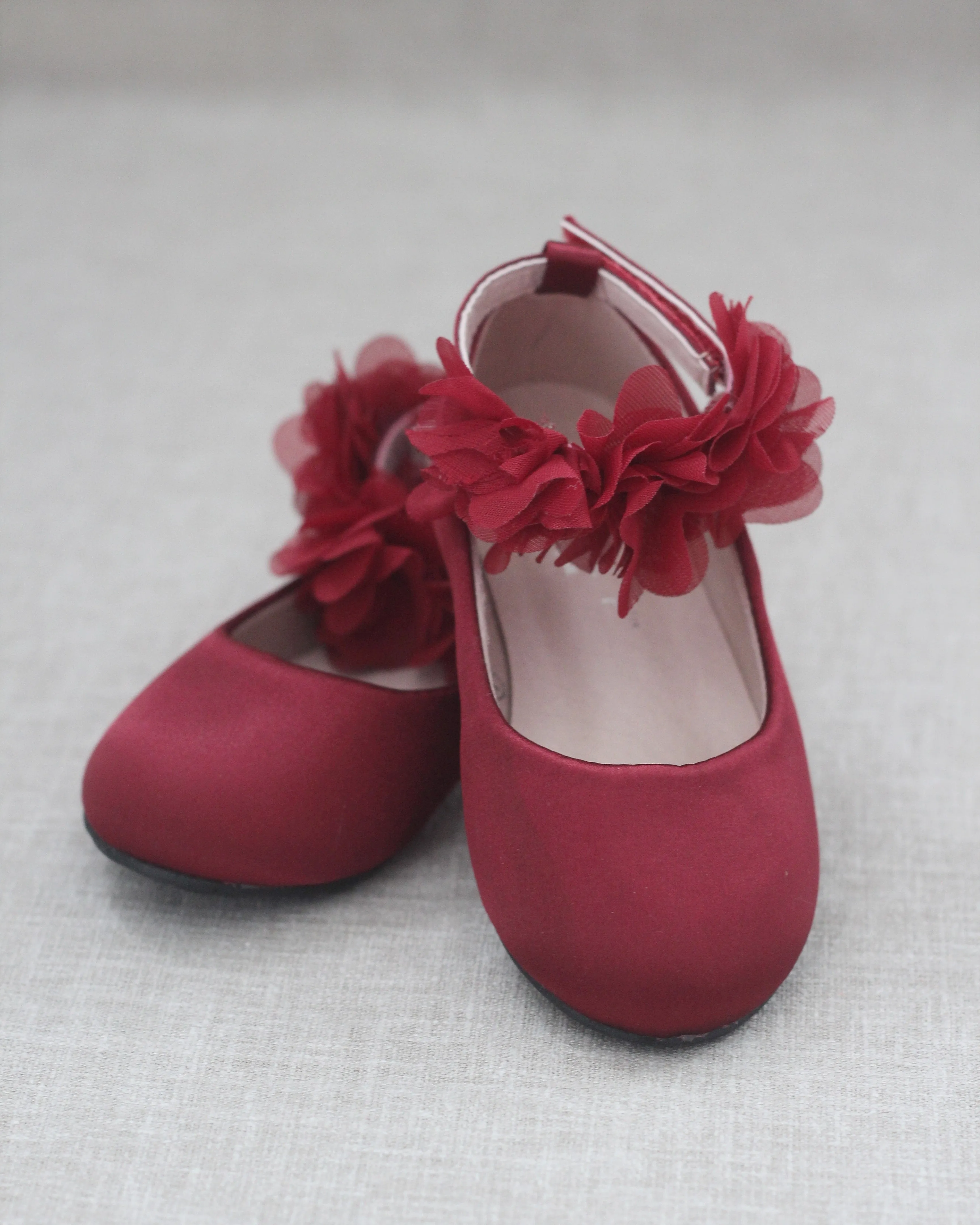 Burgundy Satin Flats with Chiffon Flowers Ankle Strap