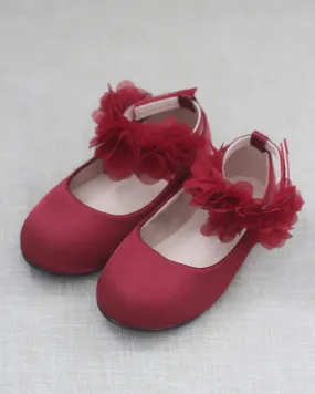 Burgundy Satin Flats with Chiffon Flowers Ankle Strap