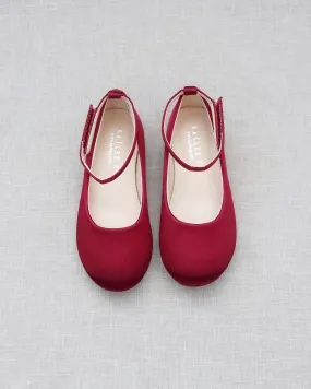 Burgundy Satin Flats with Velcro Ankle Strap