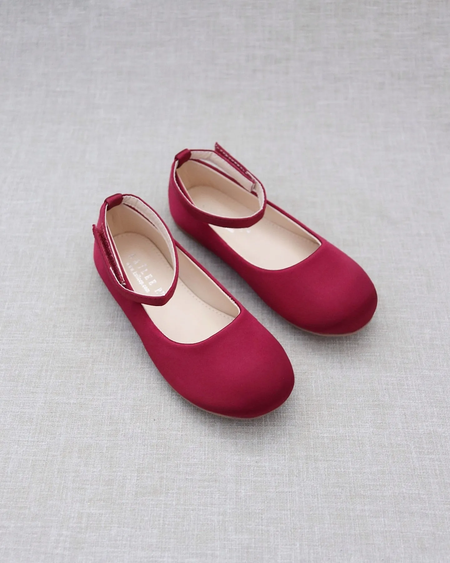 Burgundy Satin Flats with Velcro Ankle Strap