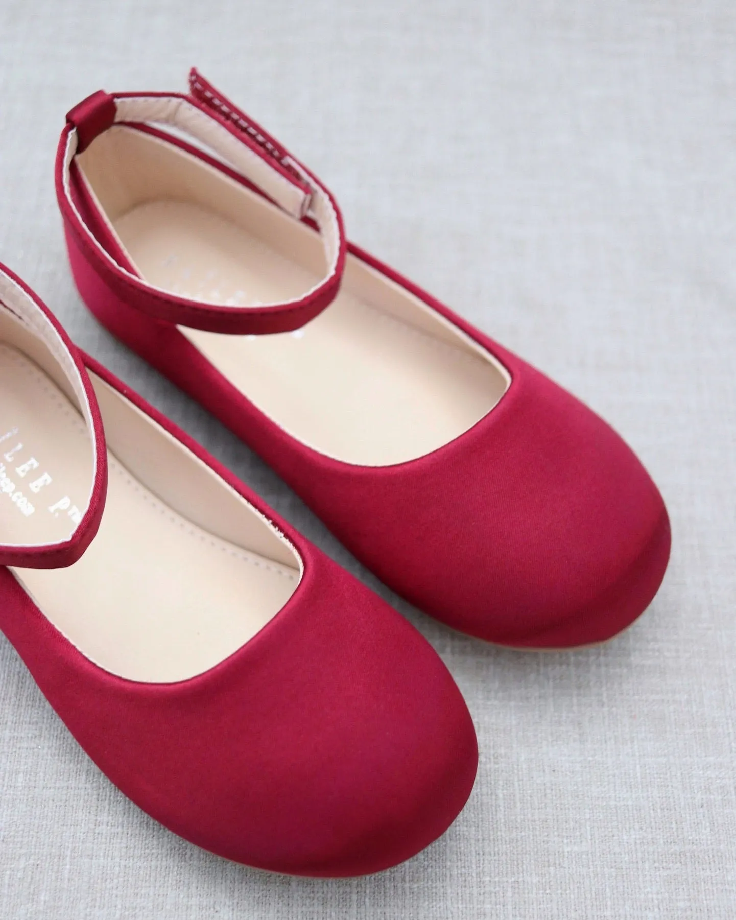 Burgundy Satin Flats with Velcro Ankle Strap