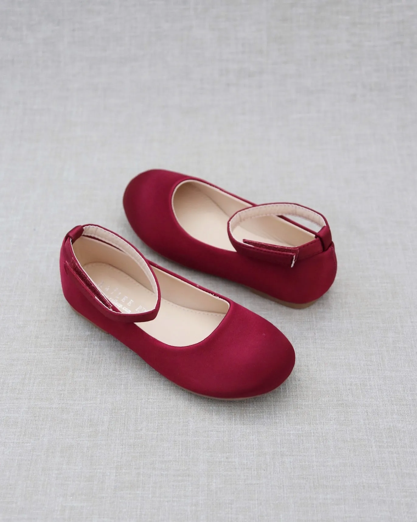 Burgundy Satin Flats with Velcro Ankle Strap