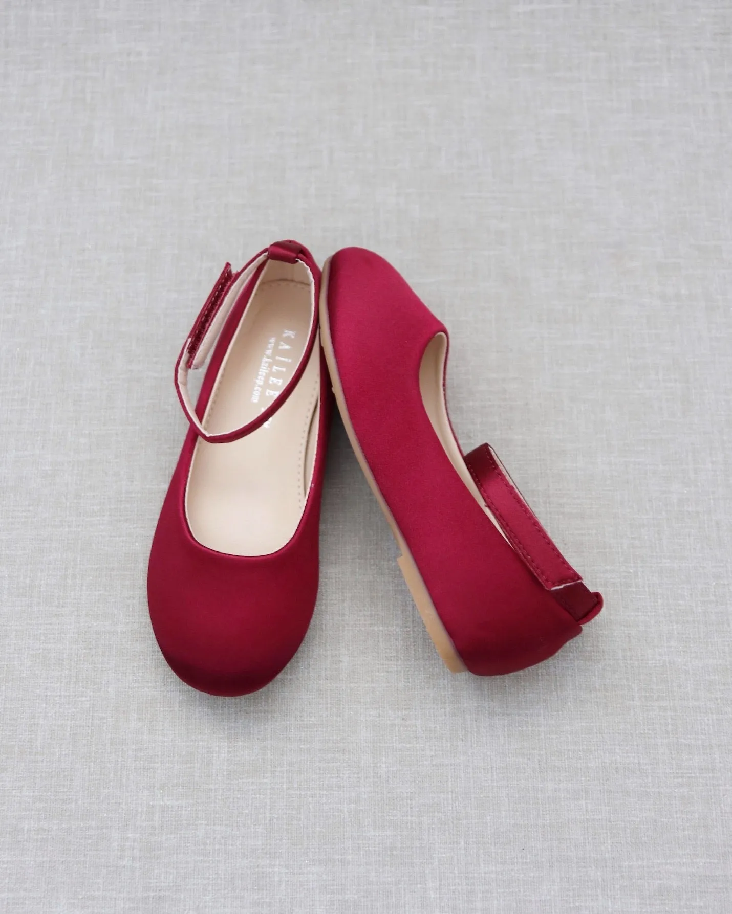 Burgundy Satin Flats with Velcro Ankle Strap