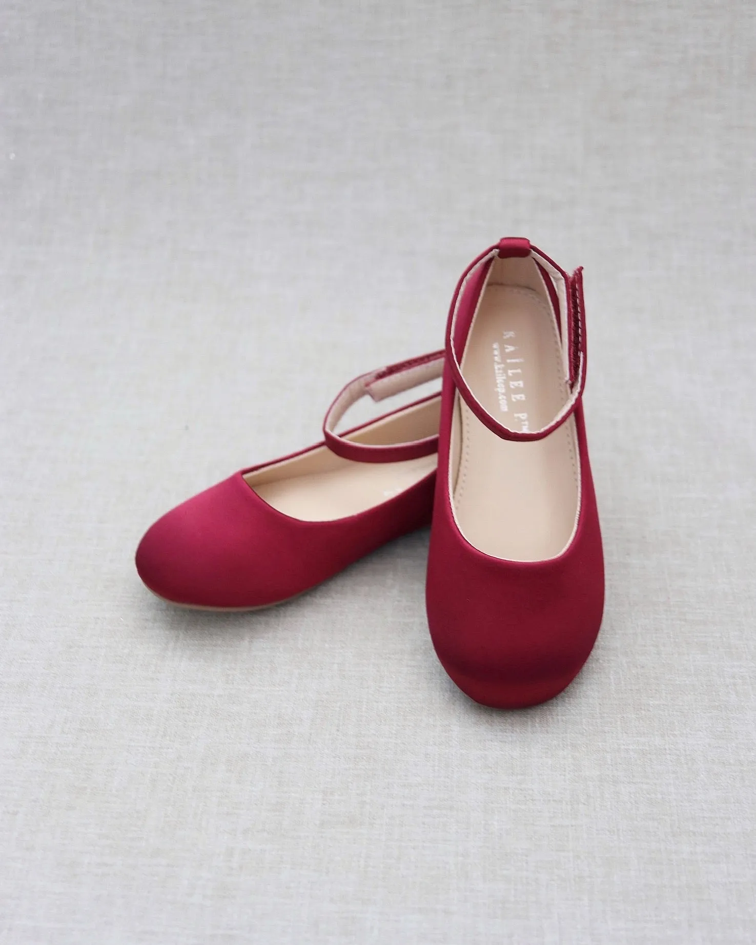 Burgundy Satin Flats with Velcro Ankle Strap