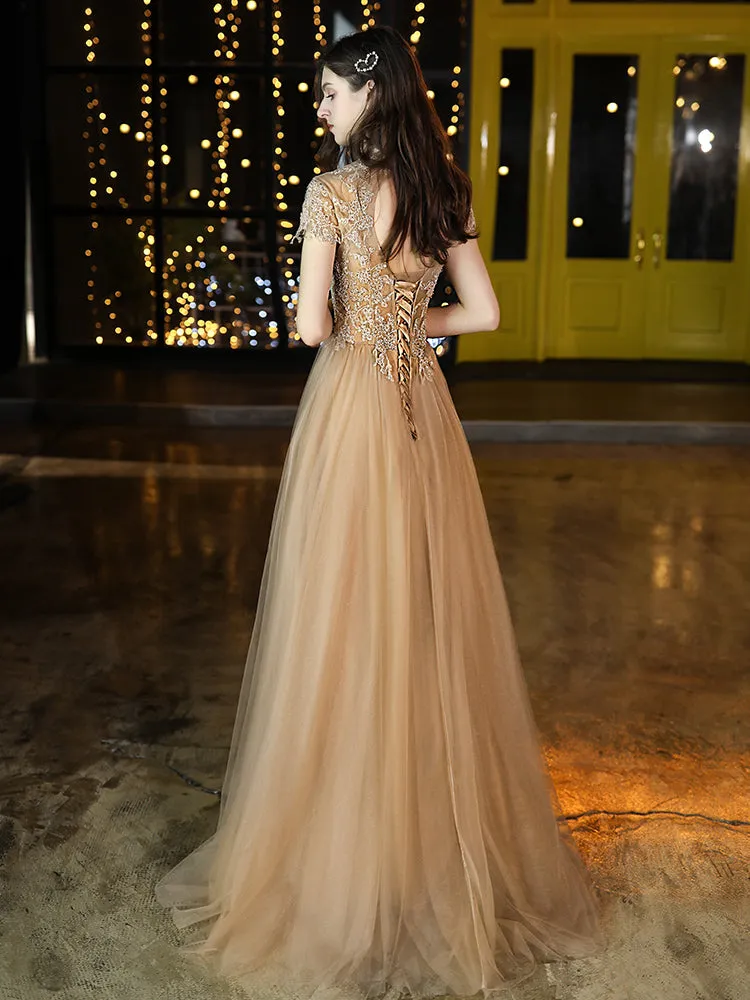 Champagne High Neckline Tulle with Lace Long Party Dresses, A-line Champagne Formal Dress