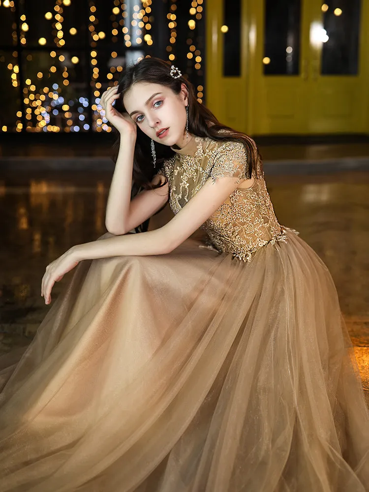 Champagne High Neckline Tulle with Lace Long Party Dresses, A-line Champagne Formal Dress