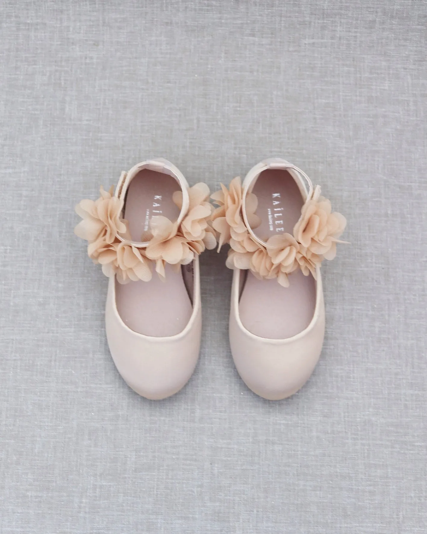 Champagne Satin Flats with Chiffon Flowers Ankle Strap