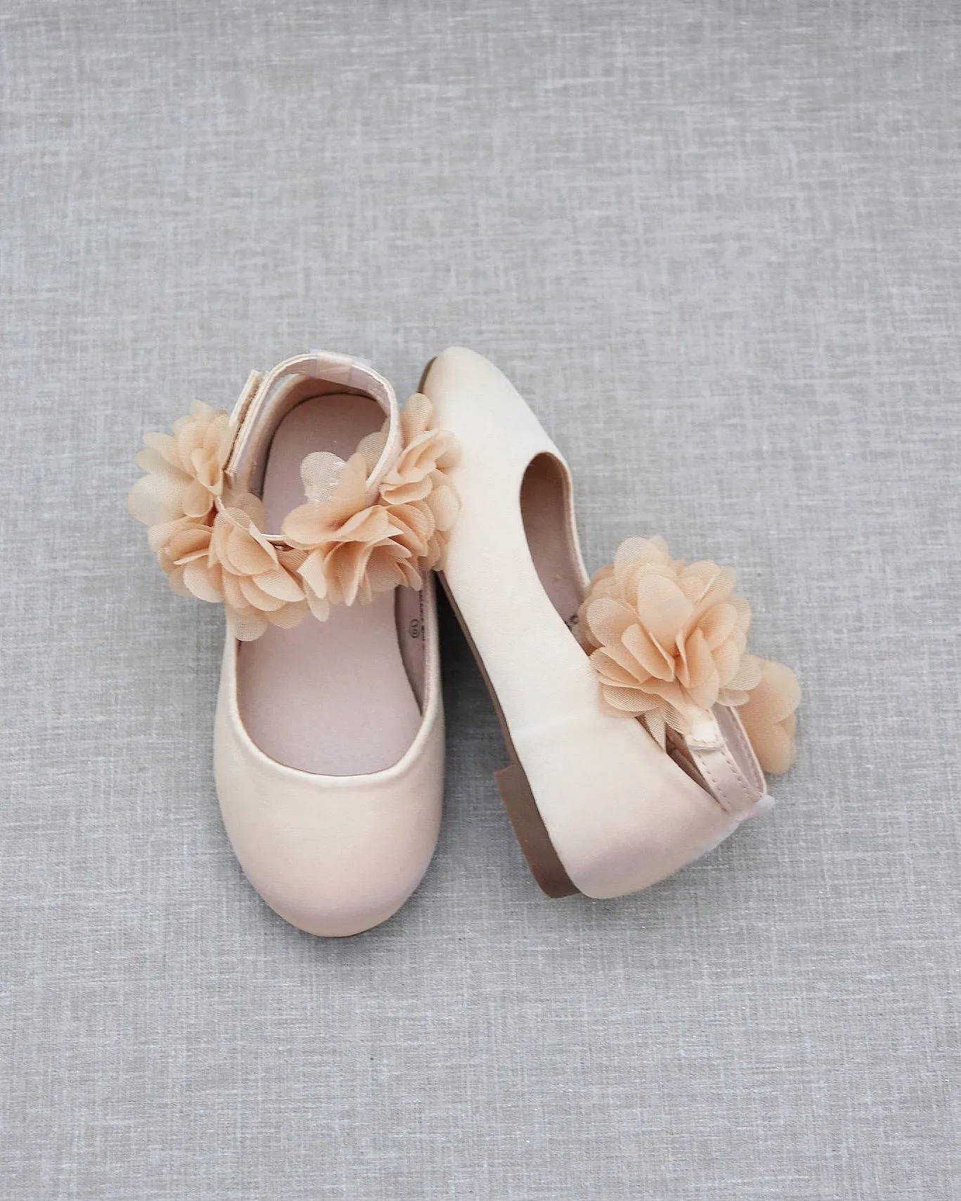 Champagne Satin Flats with Chiffon Flowers Ankle Strap