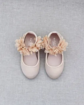 Champagne Satin Flats with Chiffon Flowers Ankle Strap