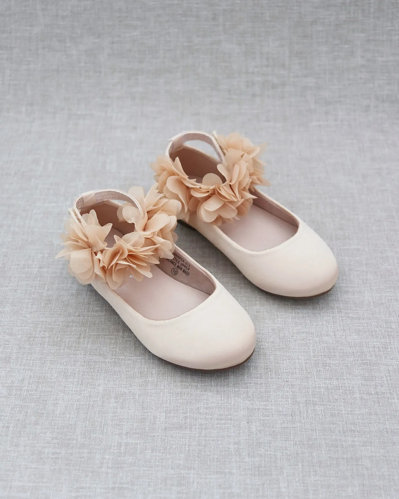 Champagne Satin Flats with Chiffon Flowers Ankle Strap