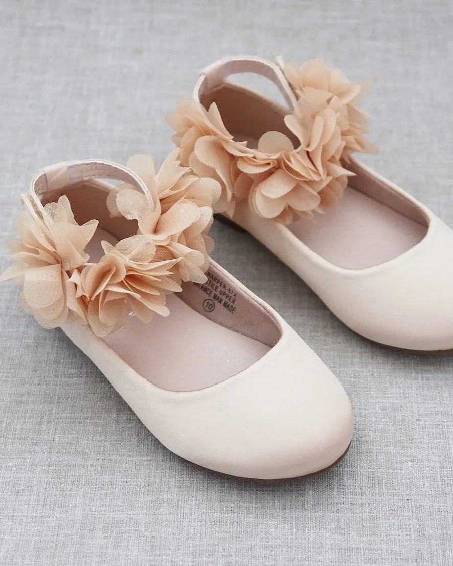 Champagne Satin Flats with Chiffon Flowers Ankle Strap