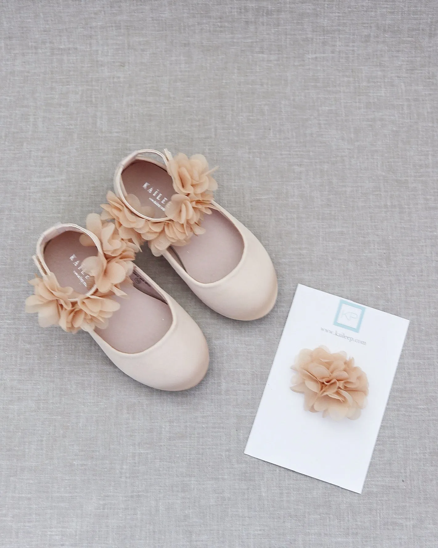 Champagne Satin Flats with Chiffon Flowers Ankle Strap