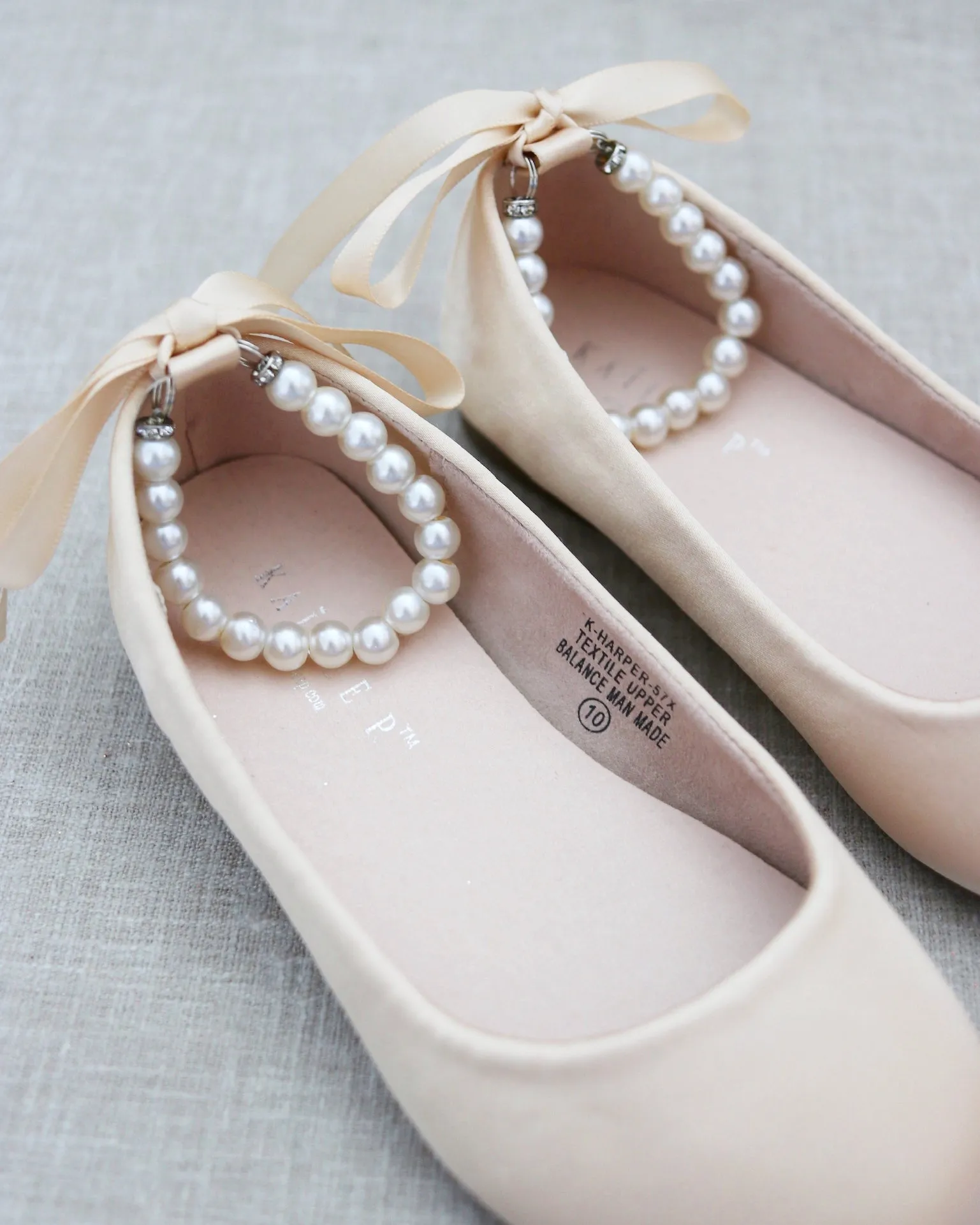 Champagne Satin Flats with Pearls Ankle Strap