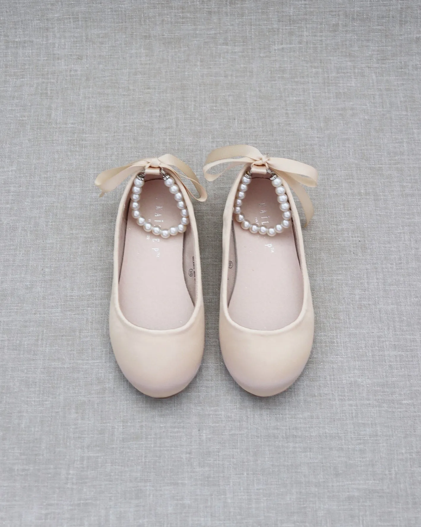 Champagne Satin Flats with Pearls Ankle Strap