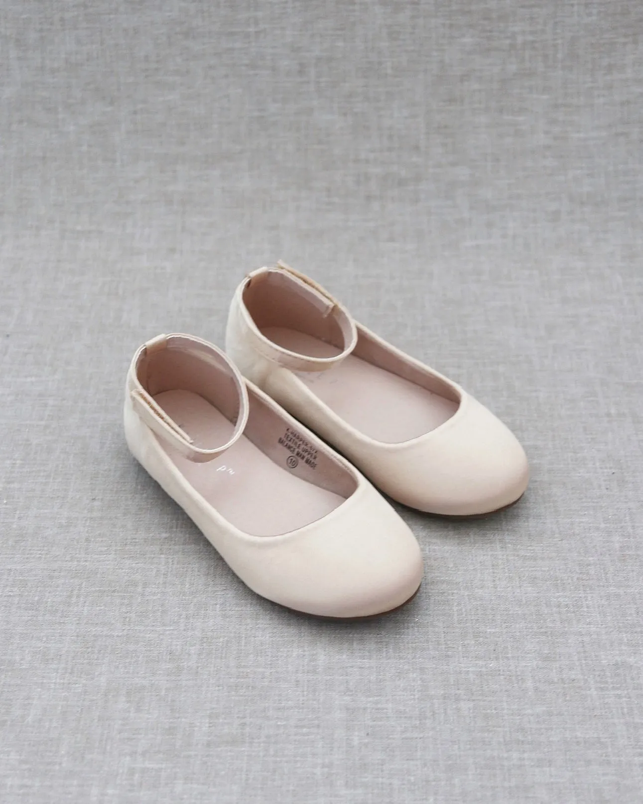 Champagne Satin Flats with Velcro Ankle Strap