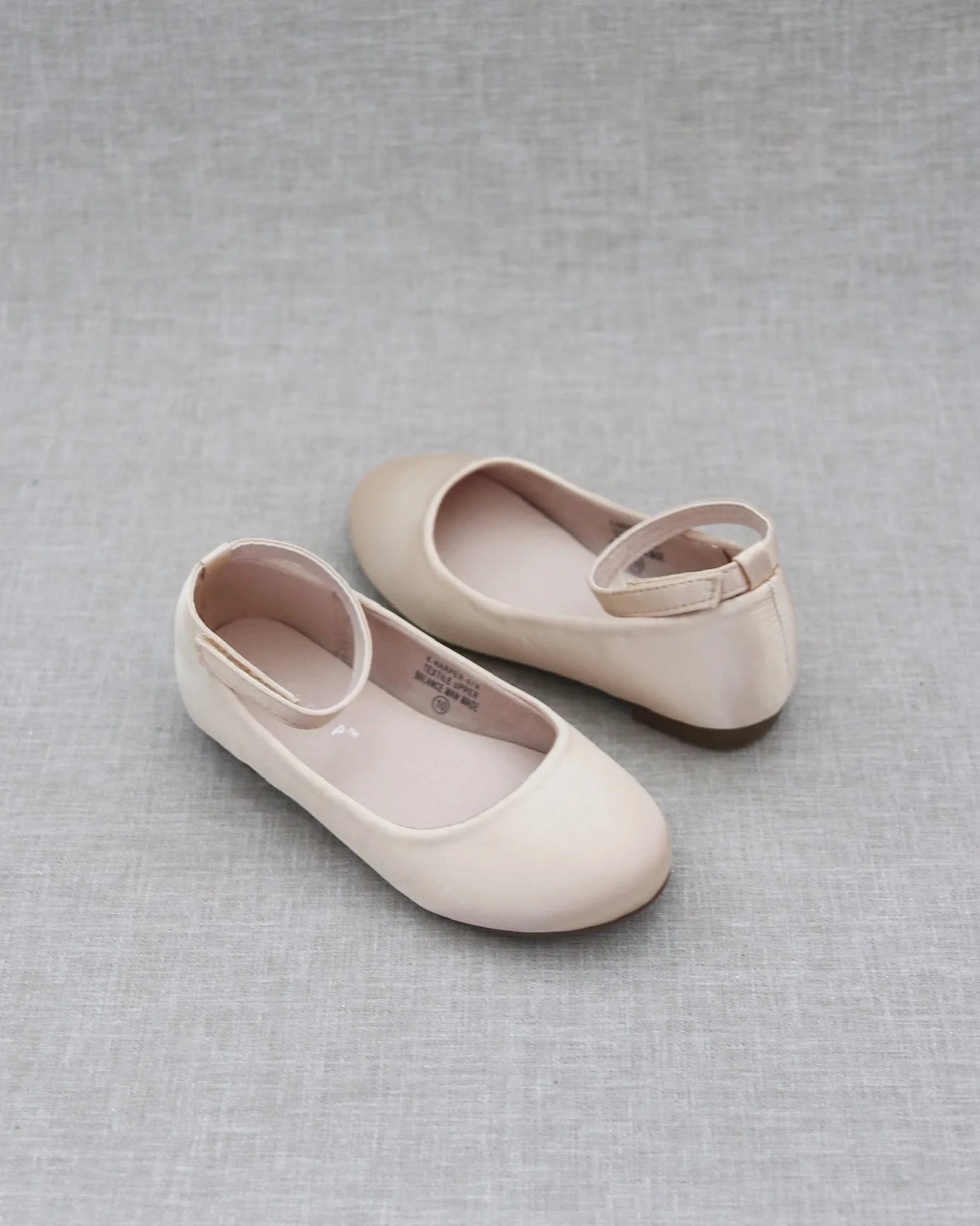 Champagne Satin Flats with Velcro Ankle Strap