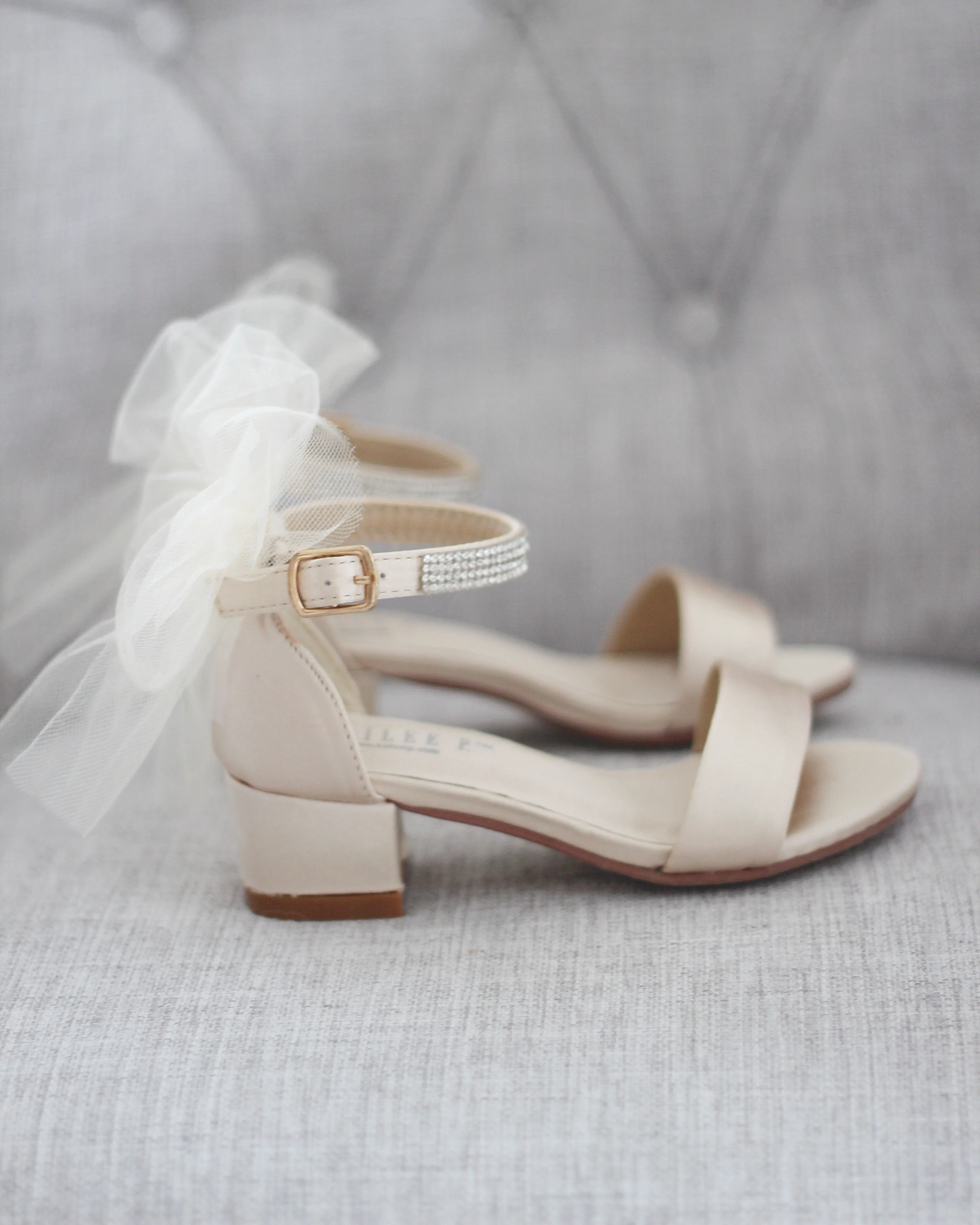 Champagne Satin Girls Block Heel Sandals with Tulle Back Bow