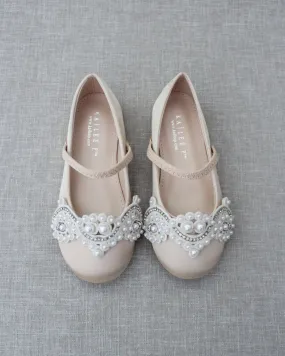 Champagne Satin Mary Jane Flats with Small Pearls Applique