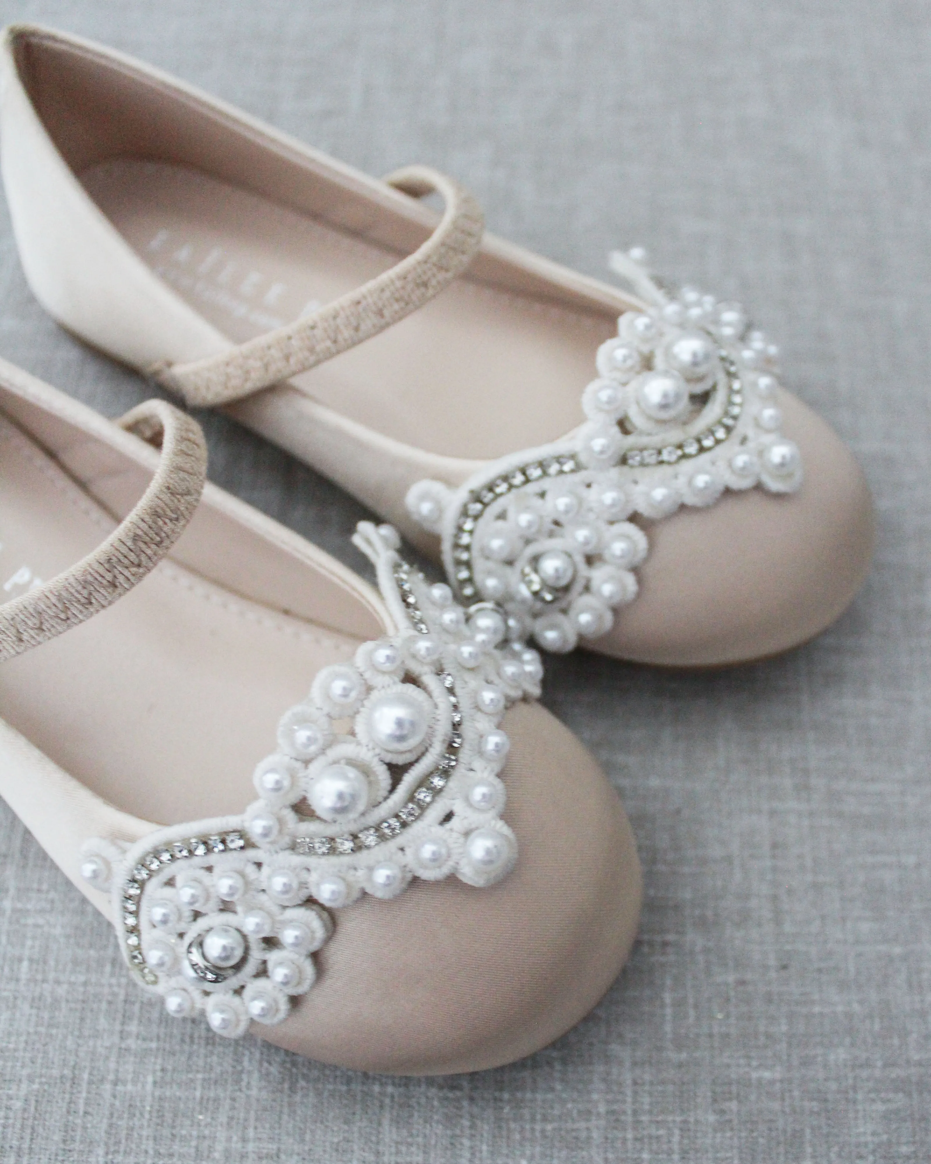 Champagne Satin Mary Jane Flats with Small Pearls Applique