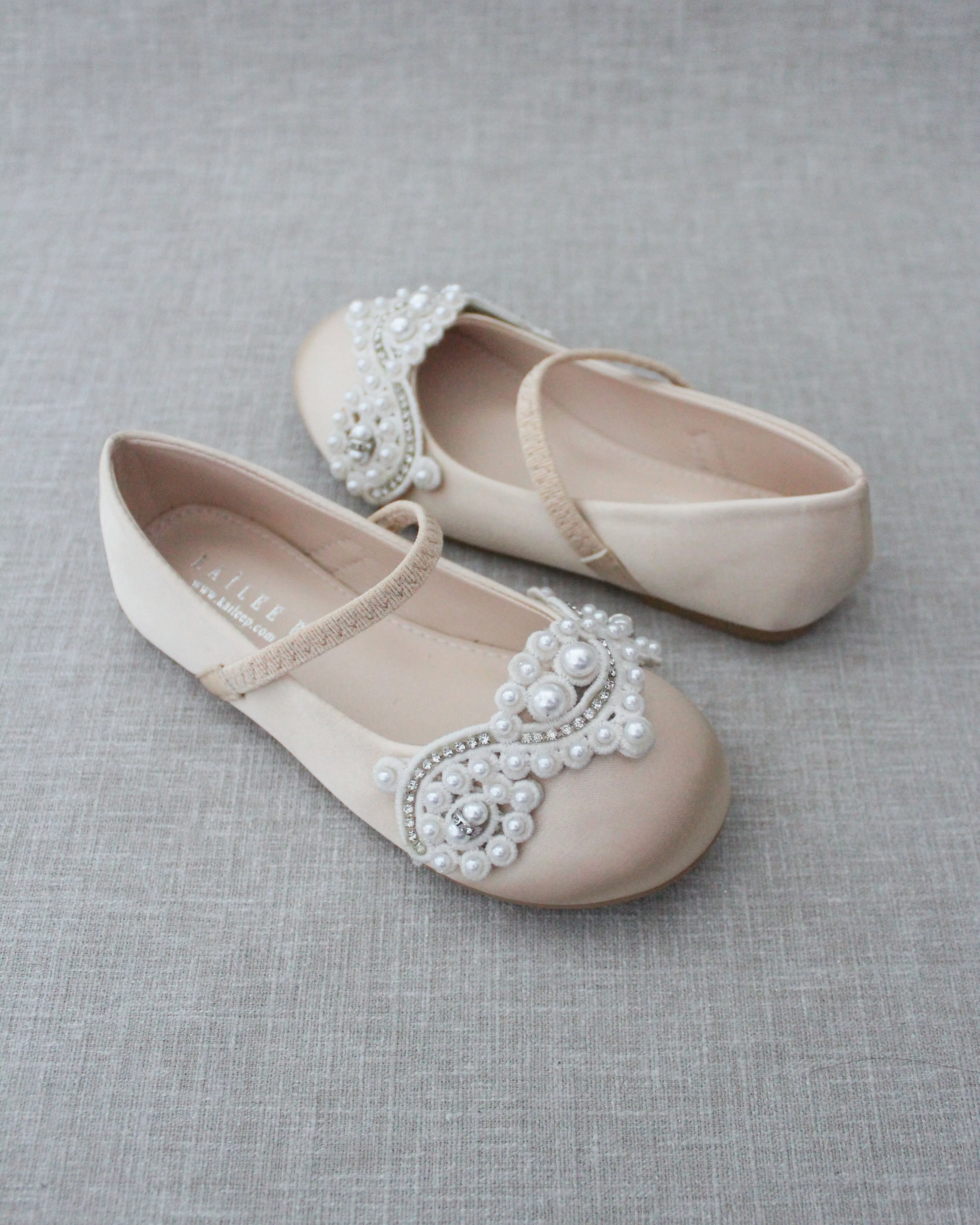 Champagne Satin Mary Jane Flats with Small Pearls Applique